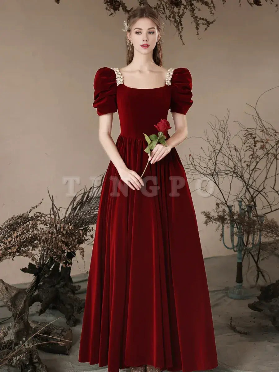 Wholesale A- Line Velvet Burgundy Long Prom Dress Burgundy Long Formal Dress gowns evening dresses